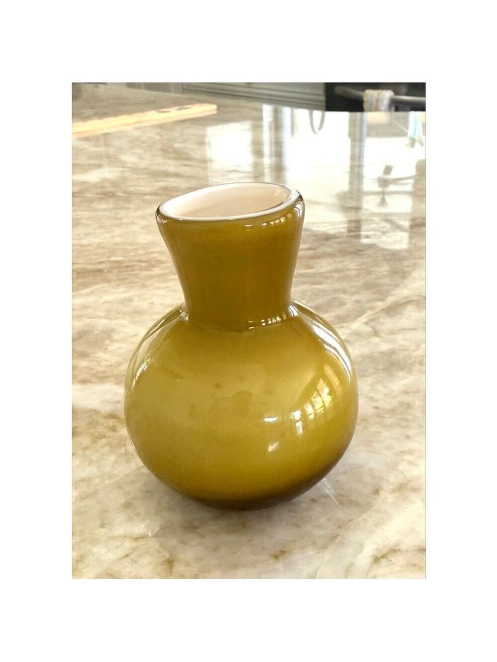 Art glass blown Olive Yellow Green and White cased Glass Vase miniature. Vintage